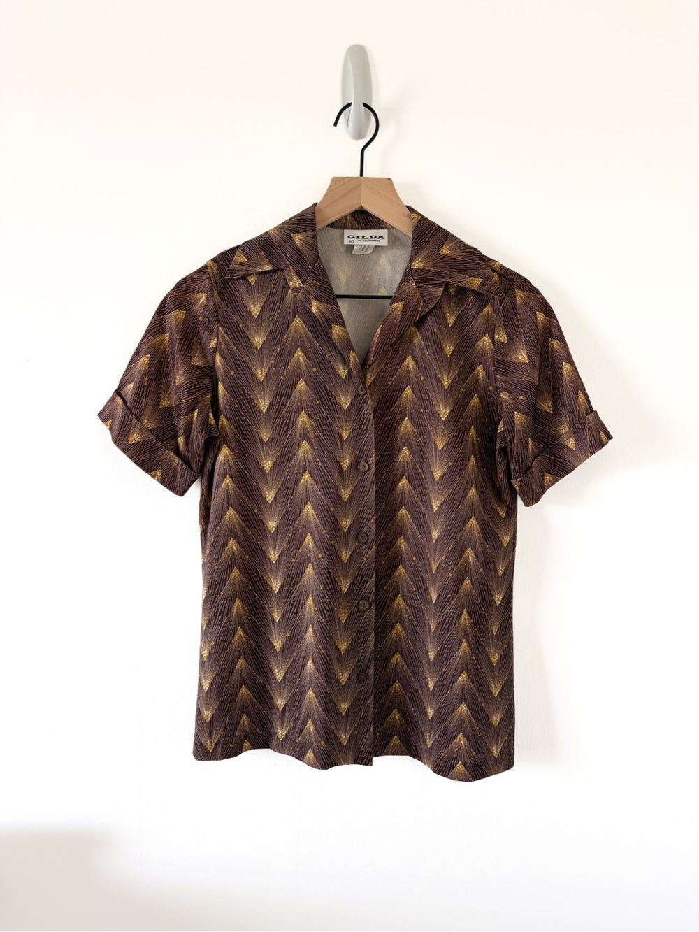 Gildan Short Sleeve Brown & Gold Chevron Button Down Shirt